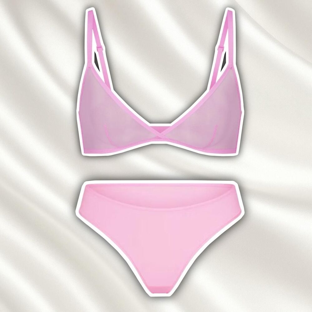 Skims Pink petal ultra mesh triangle bralette and panties set